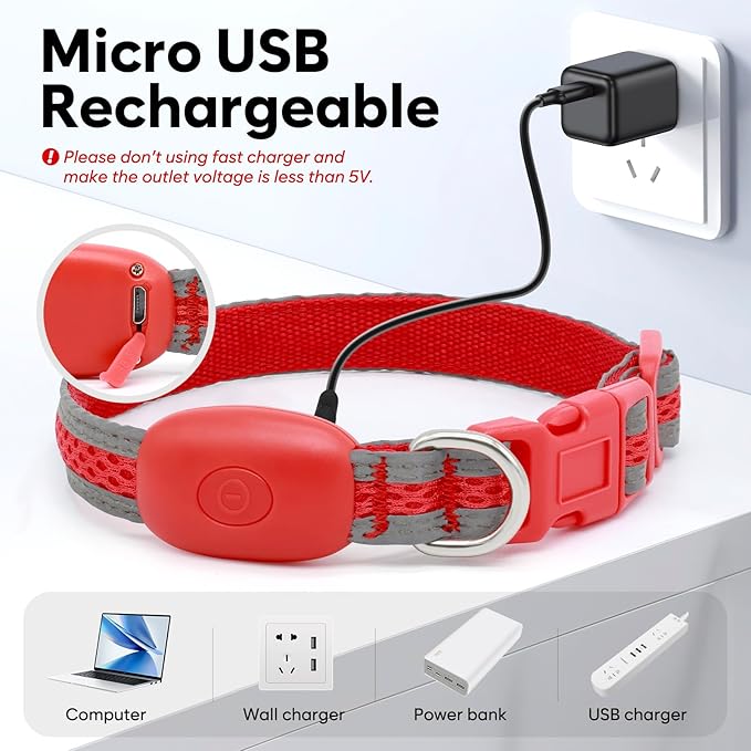 Flashseen LED Cat Collar,Light Up Dog Collar Rechargeable, Dog Lights for Night Walking, Comfortable Soft Mesh Pet Collar Adjustable for Cats Puppy and Small Dogs (Red, XS)