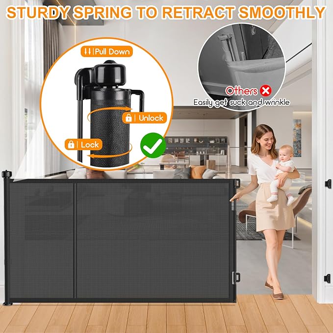 196 Inch Retractable Baby Gates Extra Wide, 41 Inch Reinforced Extra Tall Gate for Large Openings, Mesh Safety Gate for Kids Pets, Retractable Dog Gate for Pool Garages Doorway Indoor Outdoor, Black