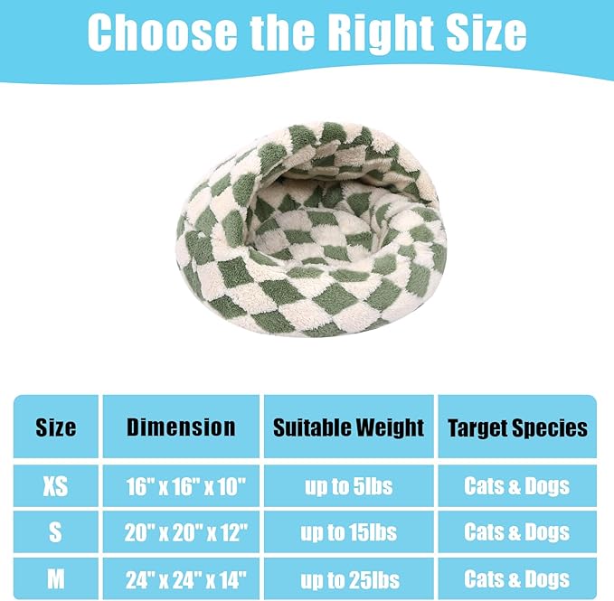 Dog Beds for Small Dogs, Cat Bed Cave, Washable Cute Cat Bed, Cozy Nook Pet Bed for Dogs or Cats, Anti-Slip Puppy Bed Fits up to 12 lbs Pets(Grid Green, 20" x 20")