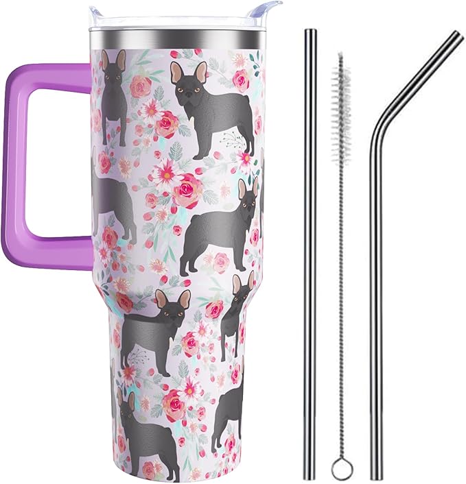 French Bulldog Gifts for Women Dog Lovers 40 oz Floral French Bulldog Tumblers with Handle and Straw, Stainless Steel Vacuum Insulated Travel Coffee Mug Cup Water Bottle