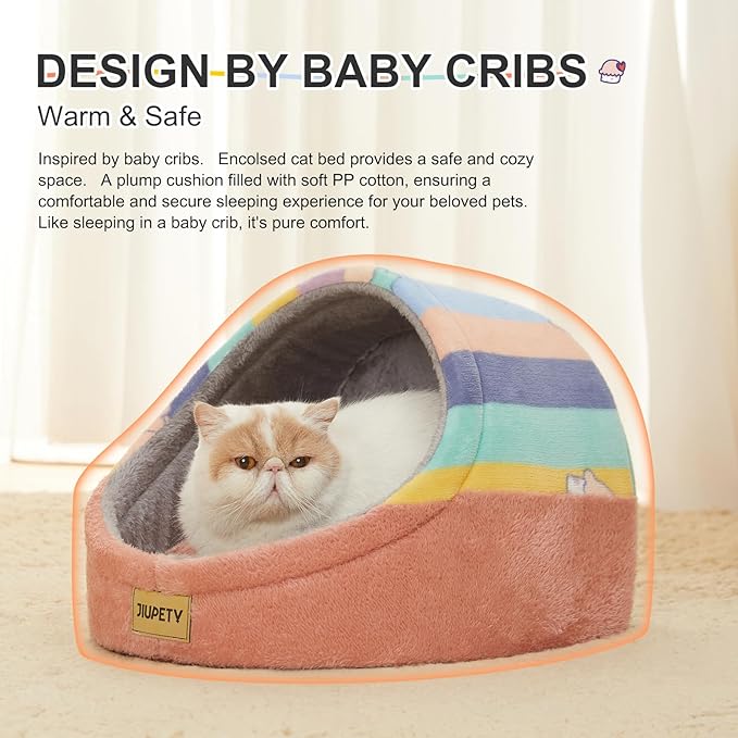 Jiupety Cute Cat Beds for Indoor Cats, Cat Cave Bed and Kitten Bed, Hideway Cat House and Cat Tent with Anti-Slip Bottom, Washable Removable Cushion, M(16"x16"x13"), Rainbow.