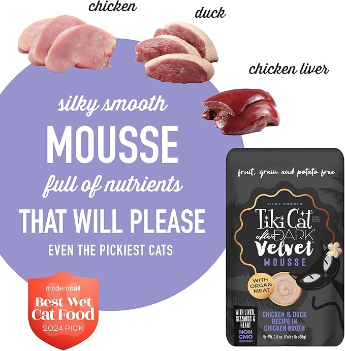 Tiki Cat After Dark, Velvet Mousse, Chicken & Duck Recipe in Chicken Broth, Grain & Potato Free Formula, with High Protein & Nutrient Dense Blended Irresistible Organ Meat, 2.8 oz. Pouch (12 Count)