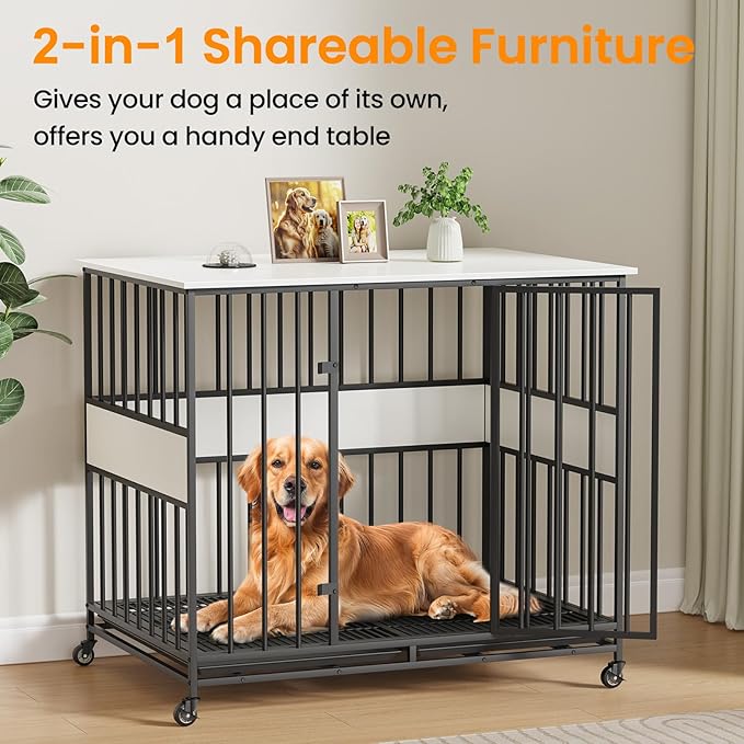 Dog Crate Furniture for Large Dogs, 42 Inch Indoor Large Kennel, Wooden Pet Cage Decorative Corner End Table with Caster Wheels & Double Removable Tray, White