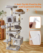 Taoqimiao Cat Tree, 71-Inch Cat Tree Cat Tower for Indoor Cats, Plush Multi-Level Cat Condo with 10 Scratching Posts, 2 Perches,Basket, 2 Caves,Hammock, 2 Pompoms,MS020W Light Gray