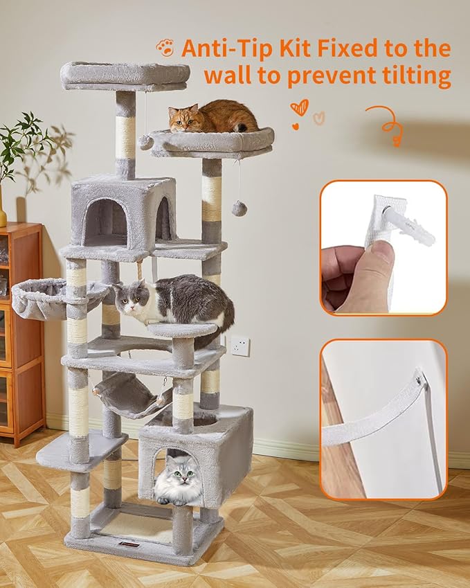 Taoqimiao Cat Tree, 71-Inch Cat Tree Cat Tower for Indoor Cats, Plush Multi-Level Cat Condo with 10 Scratching Posts, 2 Perches,Basket, 2 Caves,Hammock, 2 Pompoms,MS020W Light Gray