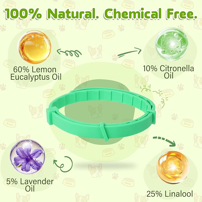 Natural Flea & Tick Prevention Dog Collars – 2-Pack Adjustable Waterproof Collars with Essential Oils (Lemon Eucalyptus, Citronella, Lavender, Linalool), Safe for All Breeds