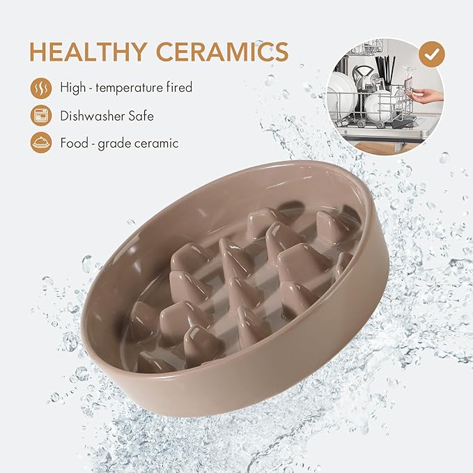 Ceramic Raised Slow Feeder Dog Bowl Set, Elevated 8.2inch Bowl and 9.5inch Slow Pet Food Dish with Wooden Stand for Large Dog (2 x Brown Coffee+ Stand)