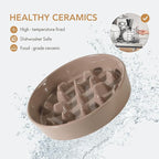 Ceramic 9.5 inch Dog Bowl Slow Feeder, Slow Pet Food Dish for Large Dog, Stop Bloat, Preventing Choking(Single Bowl, Brown Coffee)
