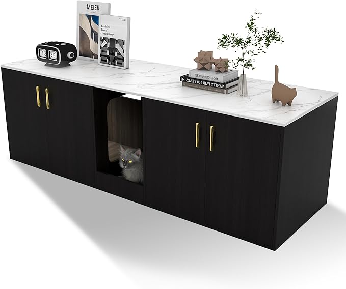 Cat Litter Box Enclosure for 2 Cats,cat Litter Box Enclosure Furniture with Double Room,Stackable,Indoor，Large cat Cabinet,pet House Side Coffee Table,White and Black (Black)