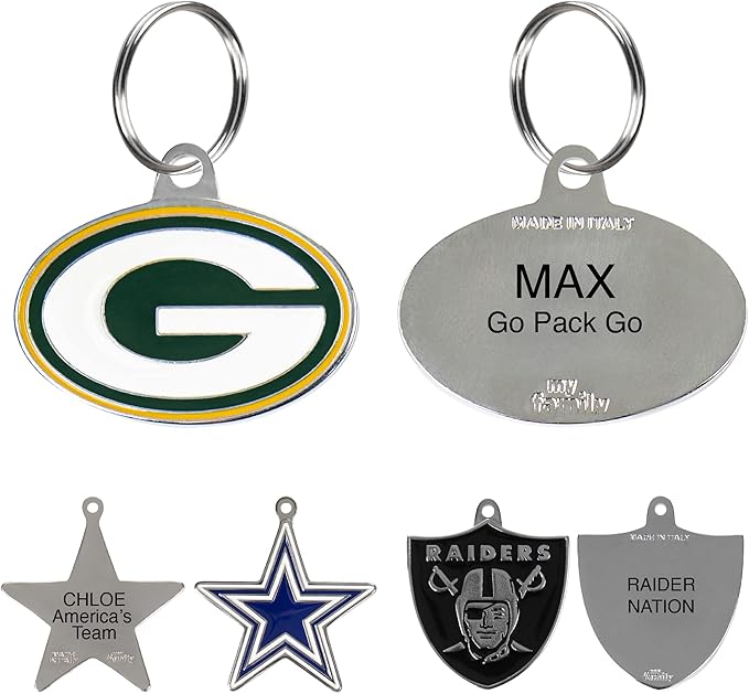 NFL Green Bay Packers Engraving Pet ID Tags in 32 Team Logo Shapes Personalized Dog Tags and Cat Tags with 3 Lines of Customizable Text for Tracking & Safety. Stainless Steel Pet ID Tracking Tags