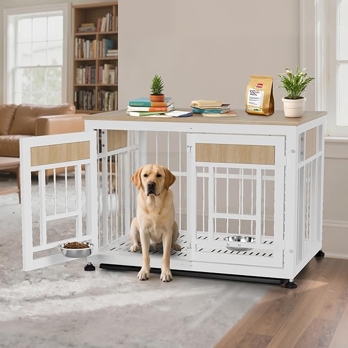 Dog Crate Furniture End Table, 38 Inch Hidden Kennel Cabinet with Removable Tray, Thickened Metal Frame Dog Cage, Dual-Purpose Pet House & Nightstand for Living Room