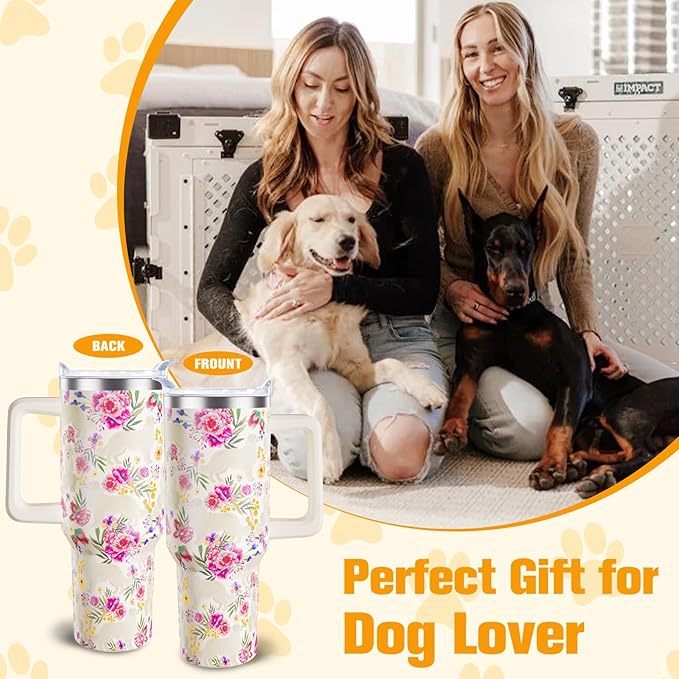 Golden Retriever Gifts for Women Dog Lovers 40 oz Floral Golden Retriever Tumblers with Handle and Straw, Stainless Steel Vacuum Insulated Travel Coffee Mug Cup Water Bottle