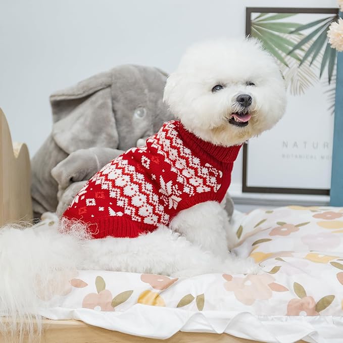 KOOLTAIL Cable Knit Small Dog Sweater Turtleneck, Cold Weather Pullover Classic Knitwear with Leash Hole, Snowflake Pattern Thick Warm Winter Pet Clothes, Medium Dog Christmas Sweater, Red S