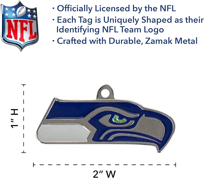 NFL Seattle Seahawks Engraving Pet ID Shapes - 32 Team Logo Dog & Cat Tags with 3 Lines of Custom Text for Tracking & Safety - Stainless Steel Pet ID Tags