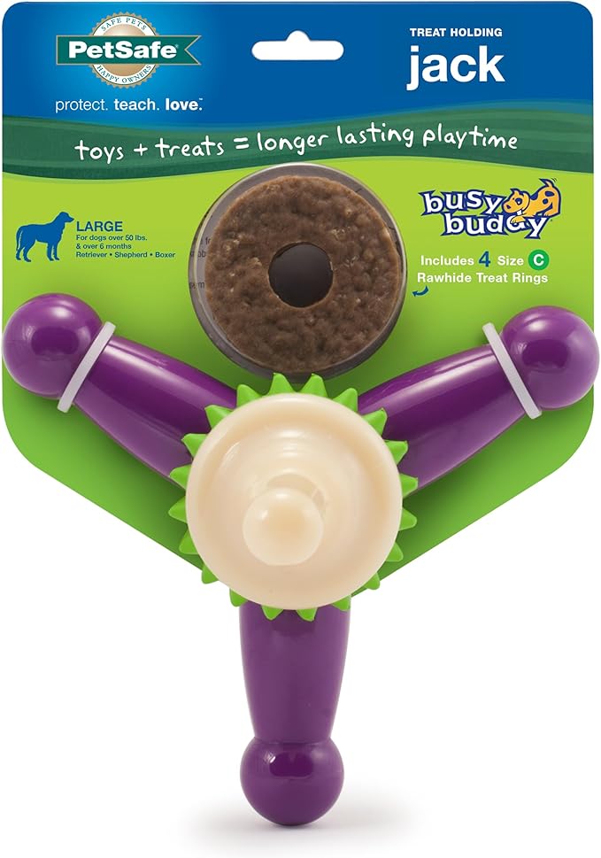 PetSafe Busy Buddy Jack - Keeps Dog Busy - Includes Treats Refill - Treat Holding Dog Toy - Helps Clean Teeth - Durable Rubber - Strong Chewers - Dishwasher Safe - Large - Purple