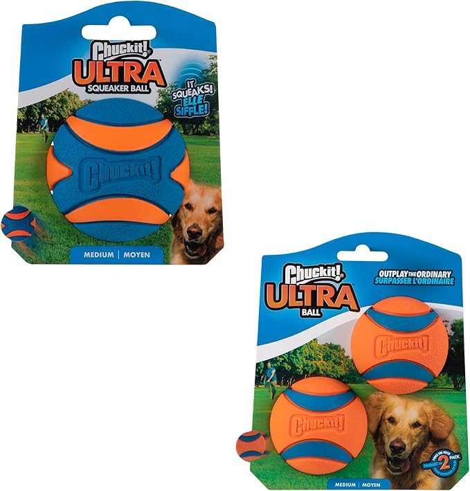Chuckit! Ultra & Squeaker Ball Dog Toy - Medium Bouncy Fetch Balls for Dogs 20-60 lbs - Made from Durable Rubber - Floating Water Pet Toys - Size Medium - 2.5-inch Diameter - Pack of 3