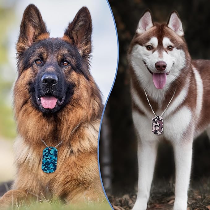 Saintrygo 48 Pcs Camouflage Dog Tags Military Acrylic Army Dog Tags Party Favors Camo Party Favors Include 24 Camo Necklaces with 24 Beaded Chains for Kids Men Women(Dark Colors)