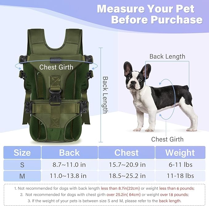 YUDODO Front Pet Carrier Backpack for Small Dogs and Cats, Secure and Breathable Mesh, Ergonomic Support, Adjustable for Walking, Hiking, or Travel (Army Green M)