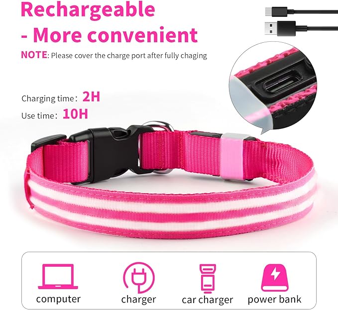 Pceotllar Lighted Dog Collar - Rechargeable, Water-Resistant LED Flashing, Glow in the Dark for Large, Small, Medium Dogs
