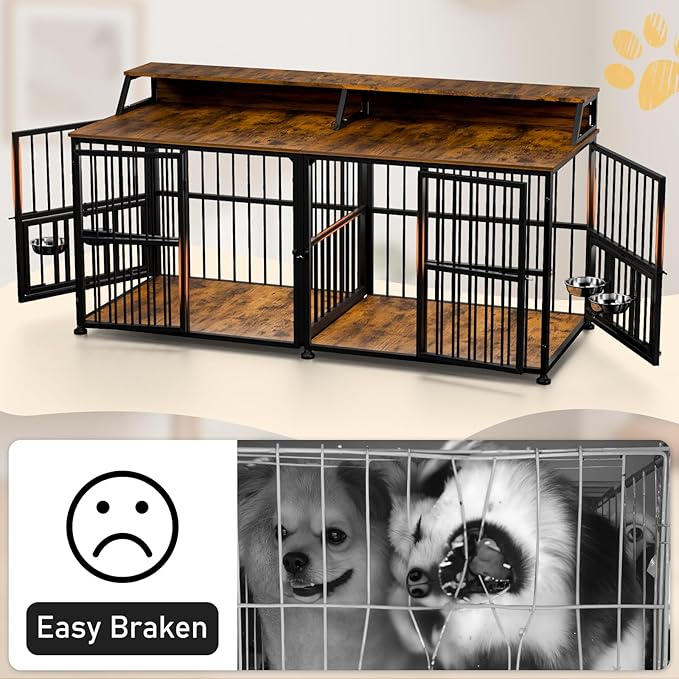 XXL Dog Crate Furniture for 2 Dogs, Extra Large Double Dog Cage Large Breed, Thick Wooden Dog Crate with Storage Rack, 72 Inch Double Dogs House Sturdy Dog Kennel with Removable Divider