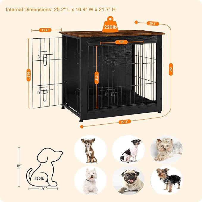 DWANTON Dog Crate Furniture with Cushion, Wooden Kennel Table with Double Doors, Indoor Dog House, Small/Medium/Large Size, 27.2" L, Black+Rustic Brown