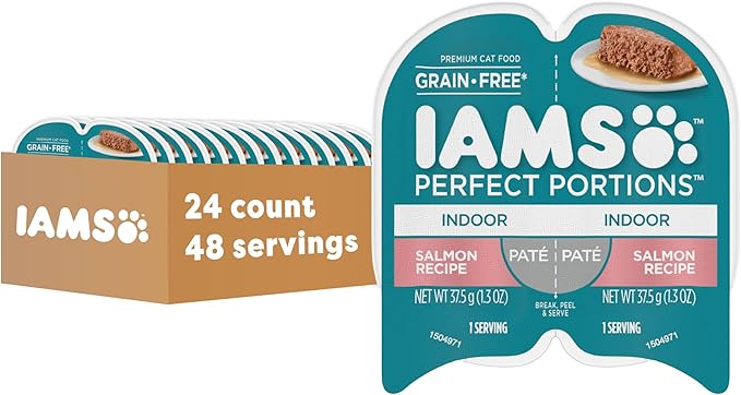 IAMS Perfect Portions Indoor Adult Grain Free Wet Cat Food Pate, Salmon Recipe, 2.6 oz. Easy Peel Twin-Pack Trays (24 Count, 48 Servings)