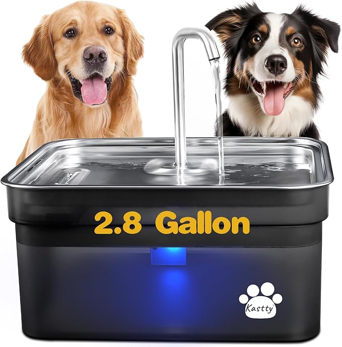 Kastty Dog Water Fountain for Large Dogs, 2.8Gal/10.5L Stainless Steel Cat Water Fountain, Super Quiet Smart Pet Water Fountain Automatic Dog Water Bowl Dispenser with LED Pump, Easy to Assemble Clean