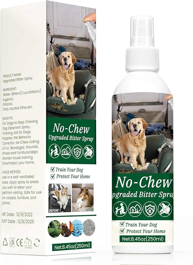 250ml No Chew Spray for Dogs, Bitter Apple Spray for Dogs Stop Chewing Licking of Furniture, Shoes, Bandages, Effective Indoor/Outdoor Dog Anti Chew Deterrent Training & Behavior Aids