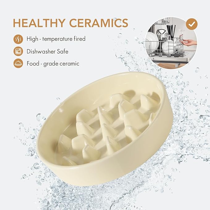 9.5inch Ceramic Dog Raised Slow Feeder Set, Elevated Bowl with Wooden Stand for Large Dog, Slow Feeder Dish for Fast Easters, Anti-Gulping(Beige, Single Bowl+ Stand)