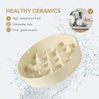 Ceramic Raised Slow Feeder Dog Bowl Set, Elevated 8.2inch Bowl and 9.5inch Slow Pet Food Dish with Wooden Stand for Large Dog (2 x Beige+ Stand)