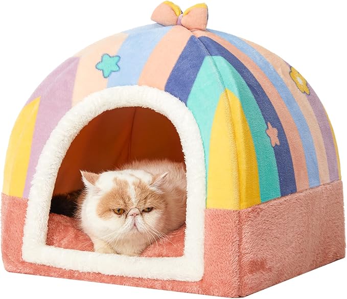 Jiupety Cat Beds for Indoor Cats, Cute Cat House for Cats and Puppy, Cat Cave Bed with Removable Cushion, Large Cat Bed Cat Hideaway Cat Tent, 2-in-1 Pink Cat Bed, M(17" × 17" × 17"), Rainbow.