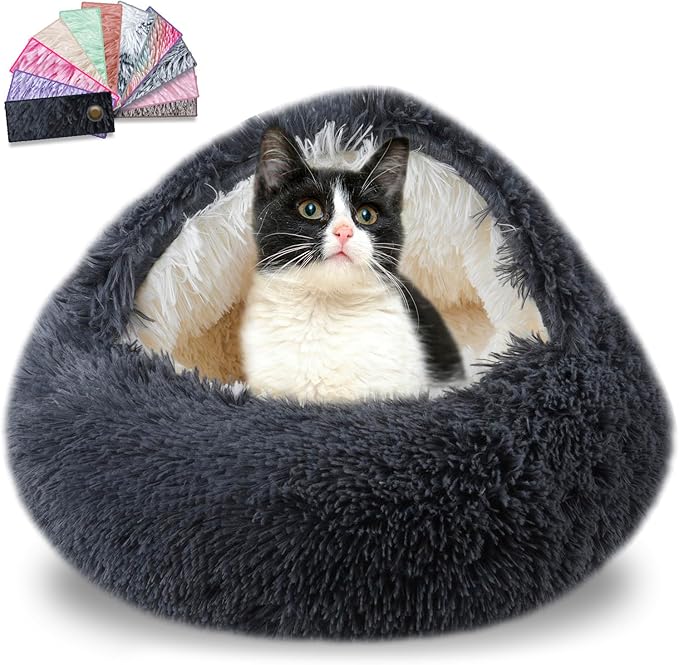 Calming Dog Beds & Cat Cave Bed with Hooded Cover,Washable Round Beds for Small Medium Pets,Anti-Slip Faux Fur Fluffy Coved Bed,Comfortable Warming Pet Bed(20 * 20inch,Dark Gray)
