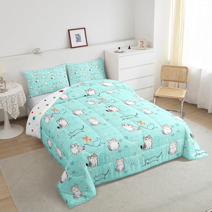 Kids Cute Bedding for Teen Girls Boys Cartoon Cat Comforter Set King, Kawaii Kitten Duvet Insert Corgi Puppy Quilt Comforter, Animal Pet Bedding Comforters & Sets Geometry Stripe Decor, Teal 3pcs