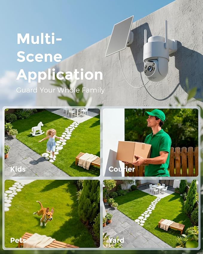 Devo Solar Security Camera Wireless Outdoor 360° PTZ - 2.3K Color Night Vision with AI Human Detection, WiFi 6 Pan/Tilt IP66 Waterproof, 180-Day Battery & Solar Panel, 2-Way Audio, Triple Alert System