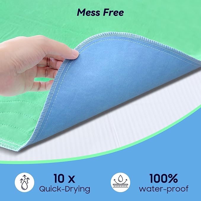 4 Pack 36” x 36” Extra Heavy Absorbency Washable Underpads, Waterproof Quick Drying Nursing Incontinence Reusable Washable Bed Pee Pads for Dogs, Diaper Changing & Adults, Green