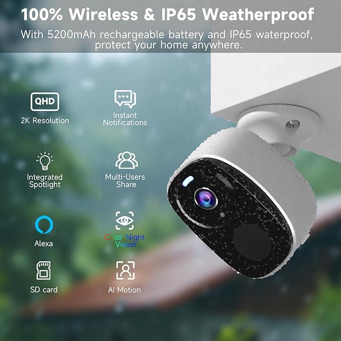 2PC Security Camera Wireless Outdoor, 2K Surveillance Indoor Home Camera, Battery Powered WiFi Camera for Home Security with Color Night Vision, AI Detection, 2-Way Audio, IP65, SD/Cloud, Works Alexa