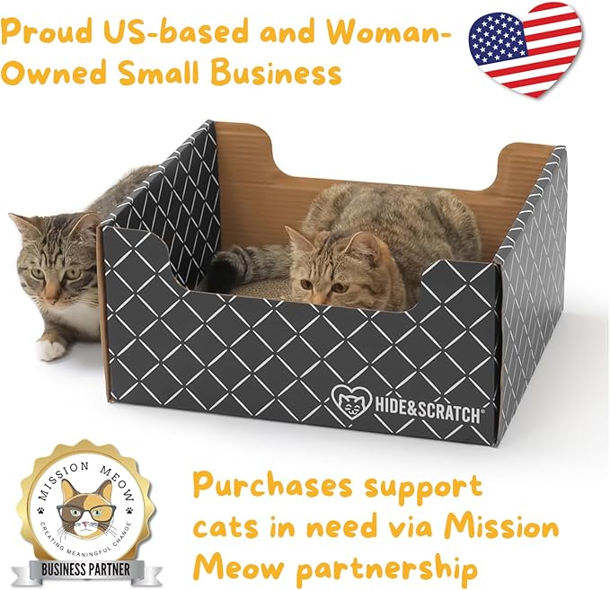 Hide & Scratch Heavy Duty Cardboard Cat Scratcher Box and Cat Bed with Refillable Double-Sided Cardboard Scratch Pad for Indoor Cats (2 Cat Pack (Dark Grey)