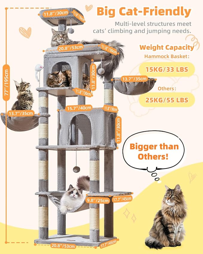 Taoqimiao Cat Tree, 77-Inch Cat Tower for Large Cats Multi-Level Cat Condos for Indoor Cats with 2 Condos, Extra-Lagre Platform, 2 Hanging Baskets, Hammock, 8 Scratching Posts, MS044W Light Gray