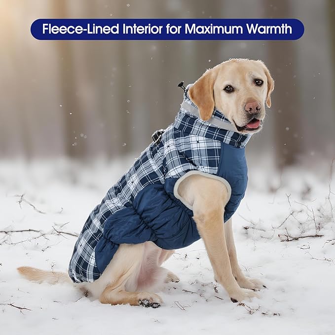 FUAMEY Dog Coat for Large Dogs,Waterproof Dog Winter Jacket with Harness Built in Puppy Cold Weather Coats Reflective Pet Vest with Zipper Warm Fleece Dogs Snowsuit Windproof Blue Plaid XL