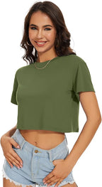 Womens Summer Crop Tops Short Sleeve Round Neck T-Shirts Loose Fit Casual Blouse
