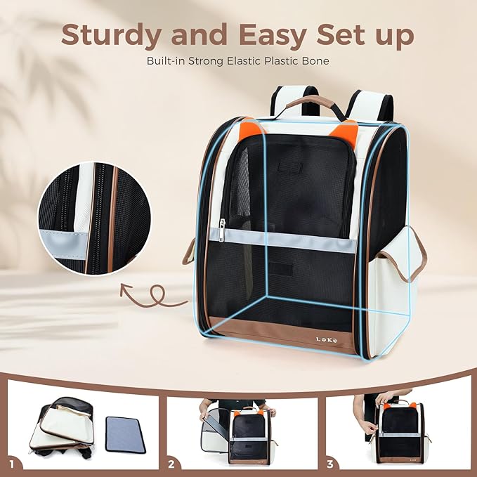 Lekereise Cat Backpack Carrier, Pet Carrier Backpack for Small Dogs Medium Cats Fit Up to 18 Lbs, Dogs Foldable Backpack Carrier for Travel, Hiking, Beige-Orange Ears