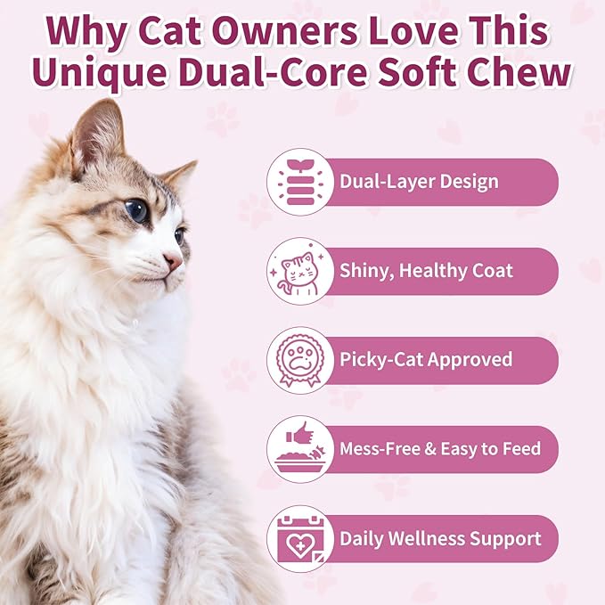 Natural Skin and Coat Support for Cats - Crunchy & Creamy Chews with Omega 3, Biotin & Vitamin E for Healthy Skin, Shiny Fur, Cat Supplements & Vitamins -Chicken（500 Chews