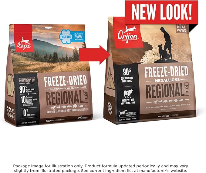 ORIJEN Grain Free High Protein Freeze Dried Dog Food & Topper Regional Red Recipe 16oz Bag