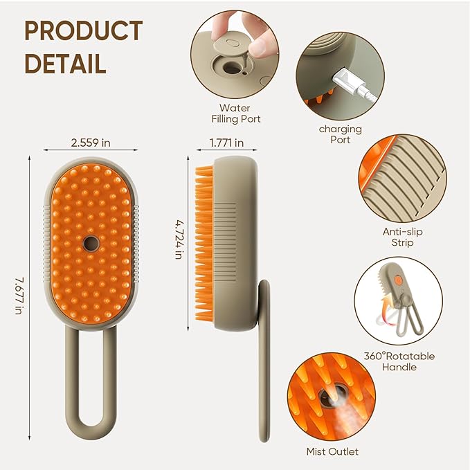 4-in-1 Cat Steam Brush for Shedding – Self-Cleaning Comb for Long and Short Hair Cats and Dogs, Steam Pet Brush for Hair Removal, Vibrating Message, Grooming & Relaxation (Khaki)