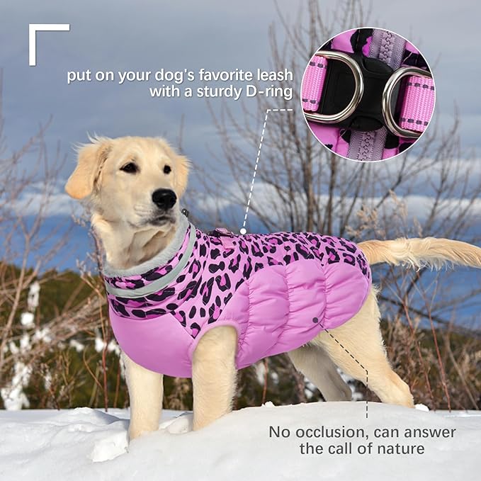 FUAMEY Dog Coat for Small Dogs,Waterproof Dog Winter Jacket with Harness Built in Puppy Cold Weather Coats Reflective Pet Vest with Zipper Warm Fleece Dogs Snowsuit Windproof Pink Leopard S