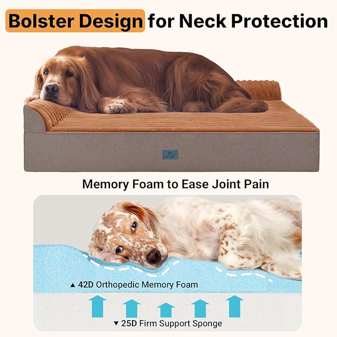 Veehoo Orthopedic Dog Bed for Large Senior Dogs, 7 Inch Thick XL Memory Foam Dog Bed with L Shaped Bolsters, Orthopedic Pet Couch with Waterproof Liner & Removable Washable Cover, 48"x30"x7"