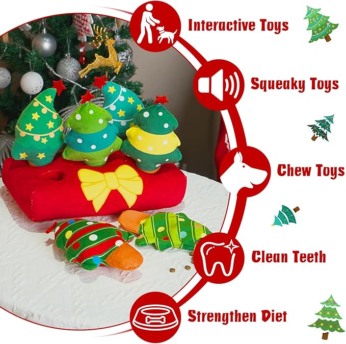 Christmas Hide and Seek Dog Toys, Squeaky Interactive Puzzle Dog Toys for Boredom and Stimulation, Dog Enrichment Toys for Small and Medium Dogs (Christmas Trees, Pack of 6)
