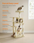 Feandrea Cat Tree, 56.3-Inch Cat Tower for Indoor Cats, Multi-Level Cat Condo with 4 Scratching Posts, 2 Perches, Hammock, Cave, Beige UPCT161M01