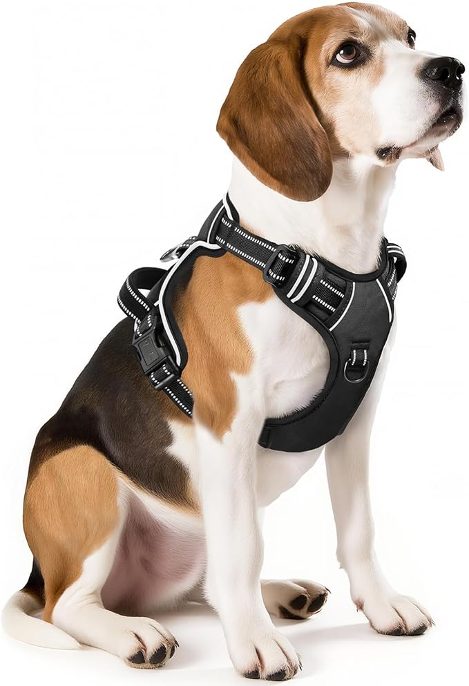 HEELE Dog Harness, No Pull Adjustable Padded Reflective Harness for Small Medium Large Dogs with Handle for Walking Training, Black, M