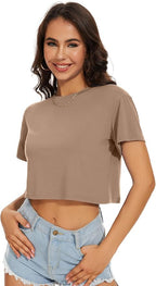 Womens Summer Crop Tops Short Sleeve Round Neck T-Shirts Loose Fit Casual Blouse